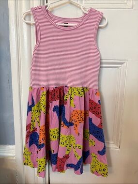 Tea Collection Pink Striped Tank Dress with Multi-Color Animal Print Skirt